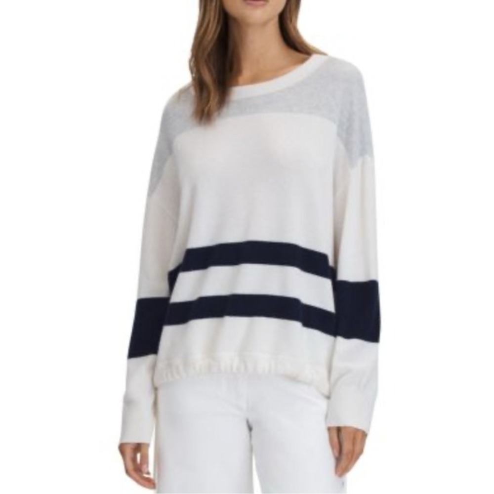 $210 REISS Allegra Wool Blend Striped Crew Sweater Jumper White GreyNavy Small - Picture 7 of 9